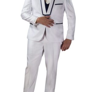 Slim Fit White 3 Piece Suit with Navy Lapel Details-0