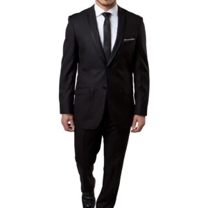 Black Two Button Ultra Slim Fit Suit with Black Satin Trim Lapel-0