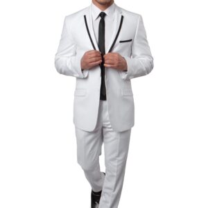White Two Button Ultra Slim Fit Suit with Black Satin Trim Lapel-0