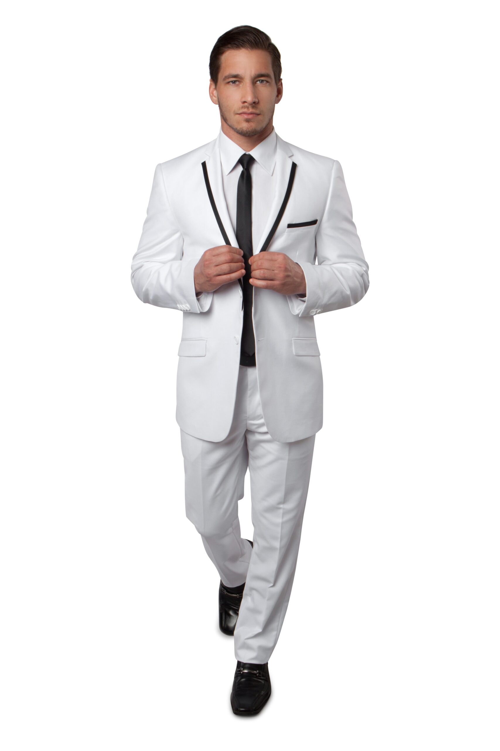 White Two Button Ultra Slim Fit Suit with Black Satin Trim Lapel-0 White Two Button Ultra Slim Fit Suit with Black Satin Trim Lapel-0
