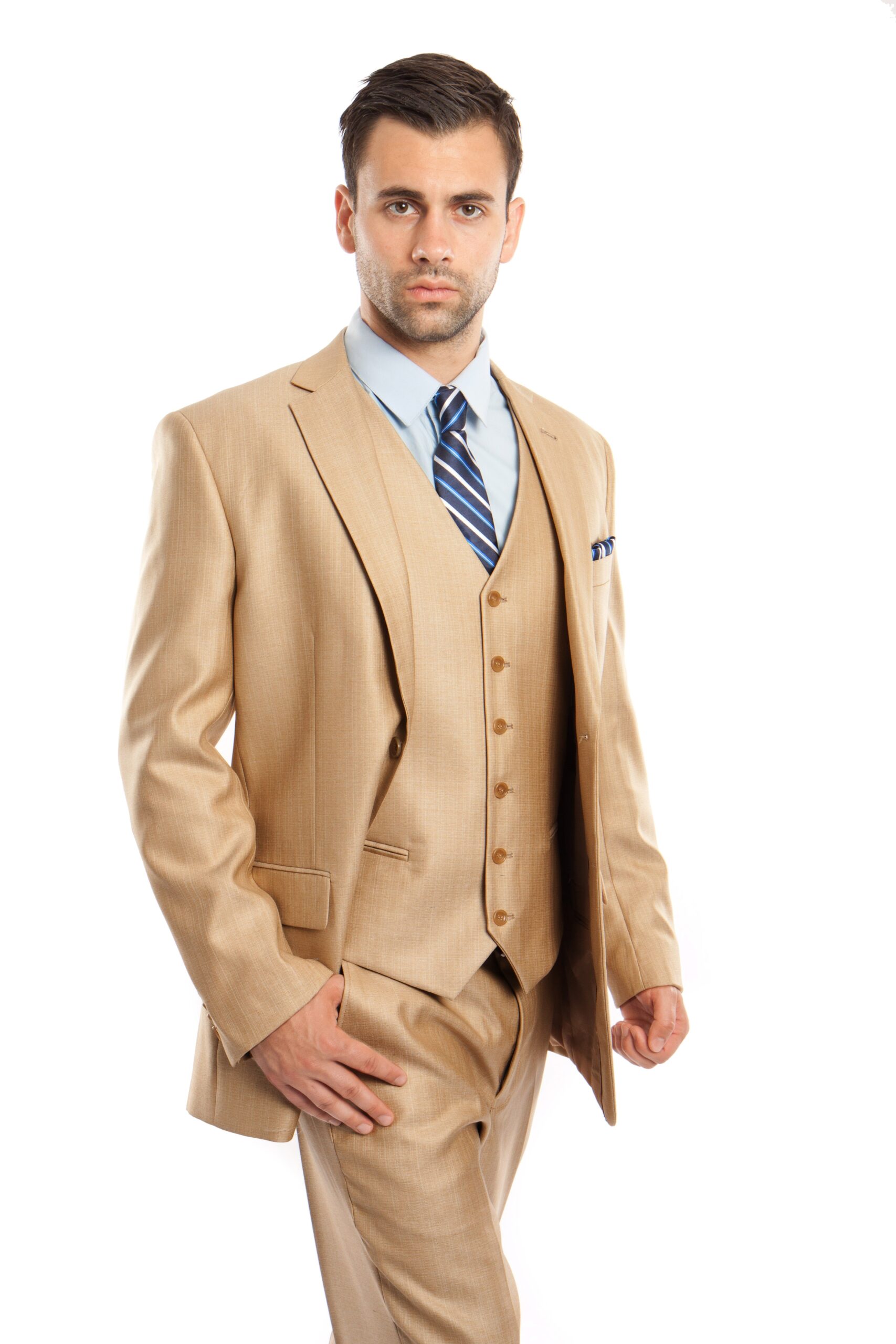 Wheat Tailored Fit Two Button 3-Piece Suit-0 Wheat Tailored Fit Two Button 3-Piece Suit-0