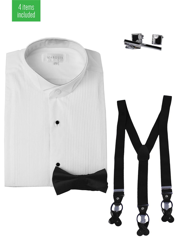 Marquis White Tuxedo Shirt Set with Suspenders-0 Marquis White Tuxedo Shirt Set with Suspenders-0