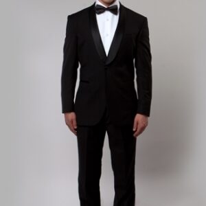 One Button Black Tuxedo with Black Satin Shawl Collar-0