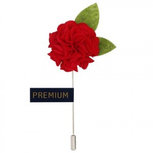 Red Fabric Flower with Leaf Lapel Pin-0
