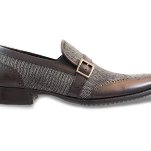 Moretti Black Leather and Gray Twill Tweed Loafer-14573