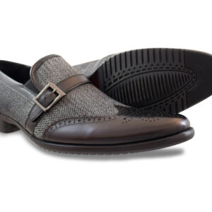 Moretti Black Leather and Gray Twill Tweed Loafer-0