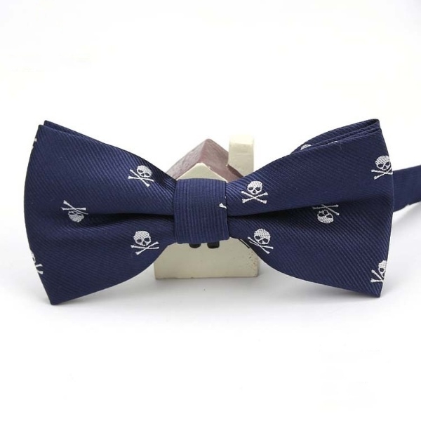 Navy Tie with White Bones and Skulls